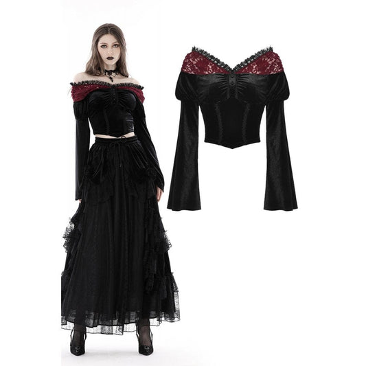 Gothic Off Shoulder Lace Velvet Crop Top