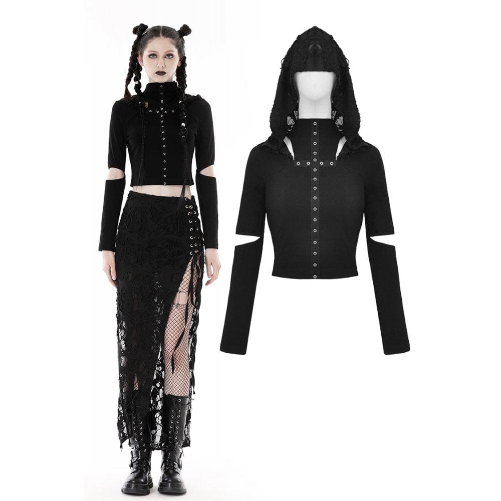 Cutout Eyelet Crop Top with Ripped Hoodie