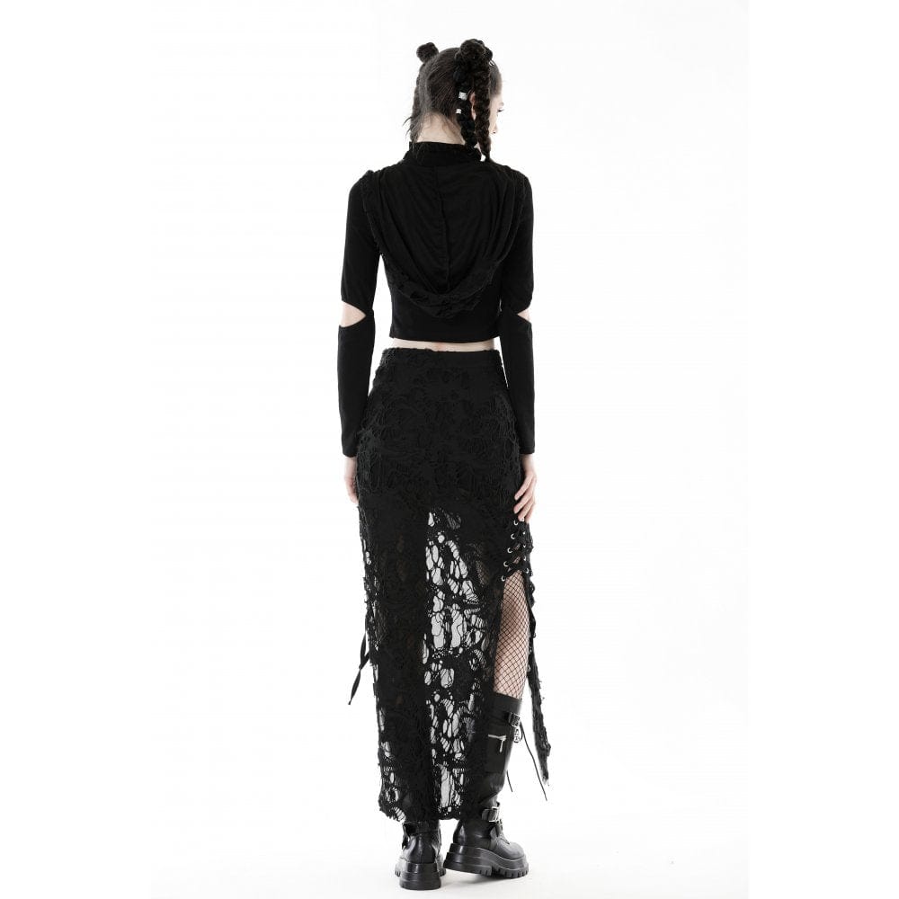 Cutout Eyelet Crop Top with Ripped Hoodie