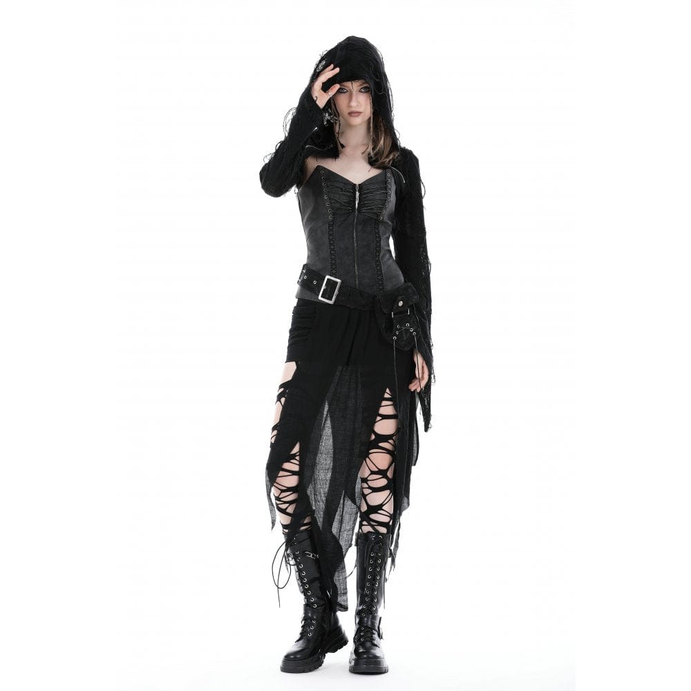 Punk Distressed Zipper Cape with Hood