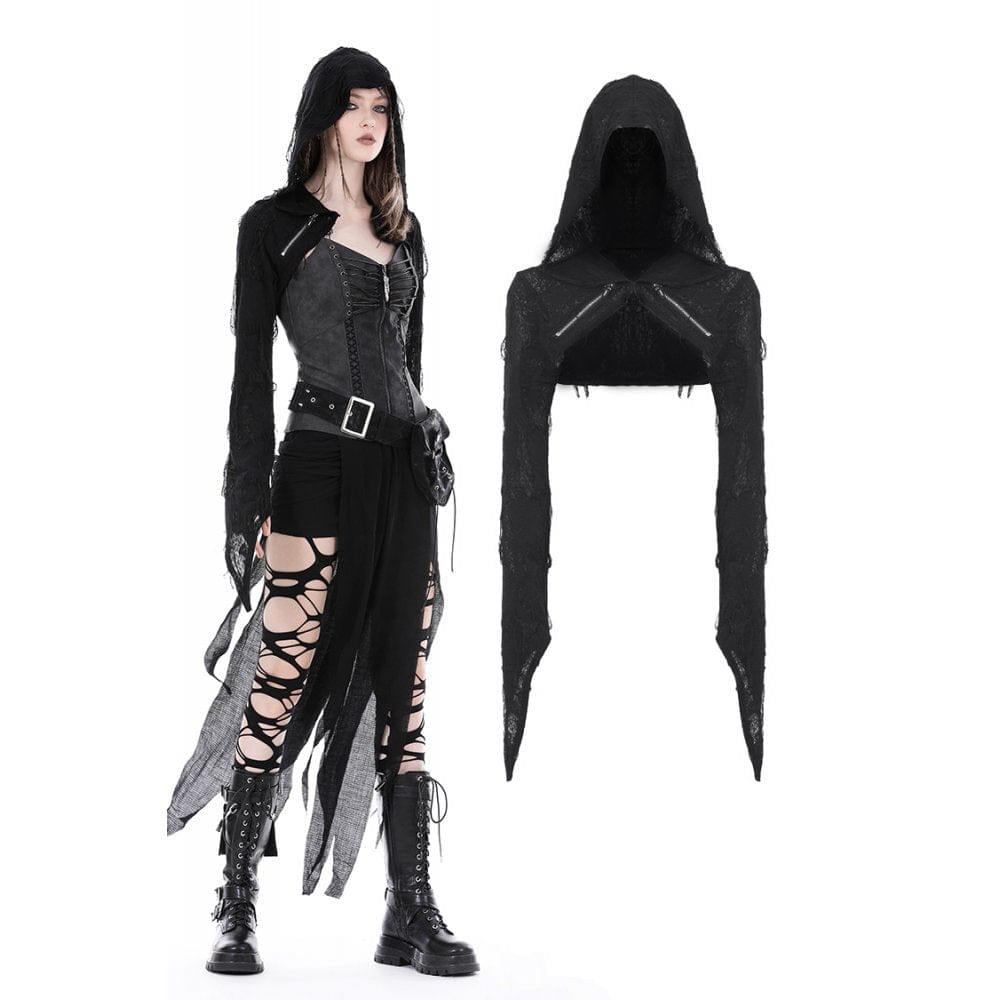 Punk Distressed Zipper Cape with Hood