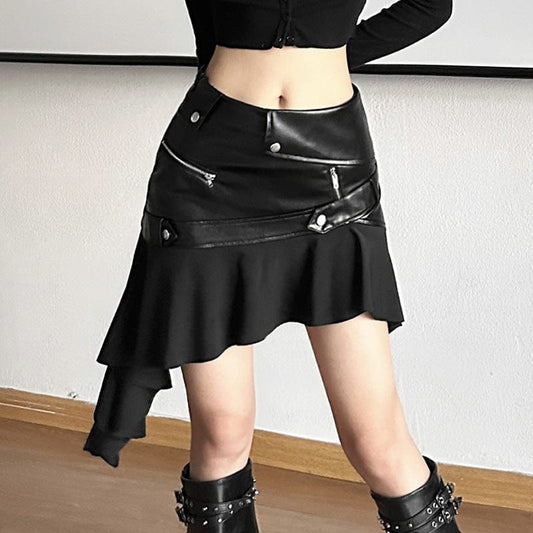 Punk Irregular Hem Faux Leather Skirt