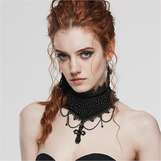 Gothic Cross Beaded Lace Hem Choker