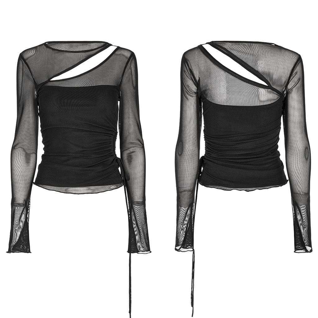 Gothic Cutout Drawstring Mesh Shirt