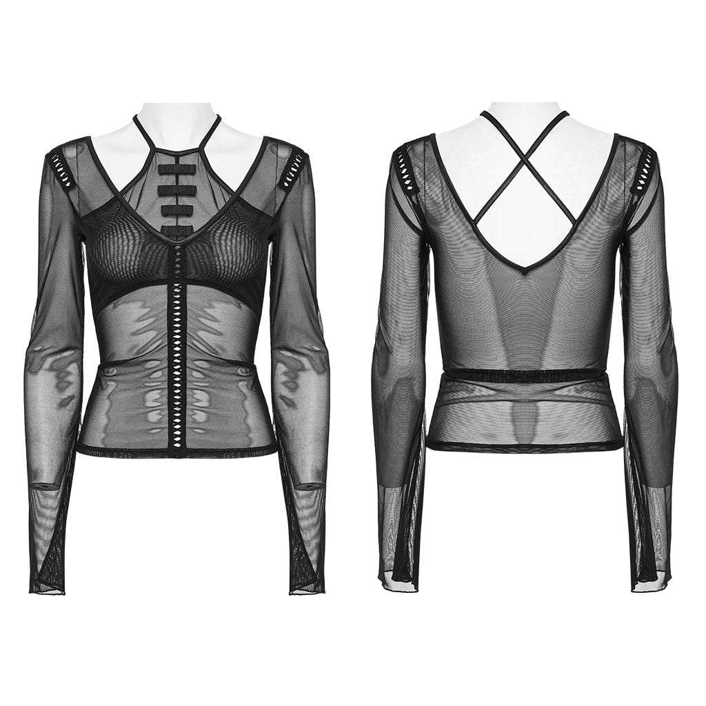 Gothic Cutout Halterneck Mesh Shirt