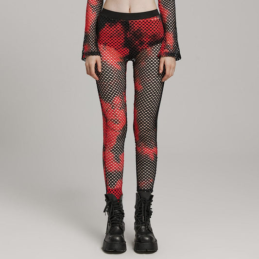 Punk Mesh Tie-dyed Leggings Black-Red